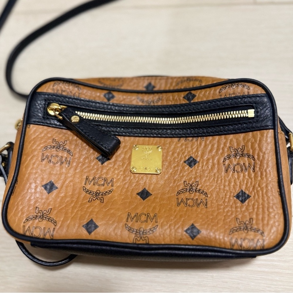 💜 MCM Black and Tan Crossbody Bag with Gold Studs